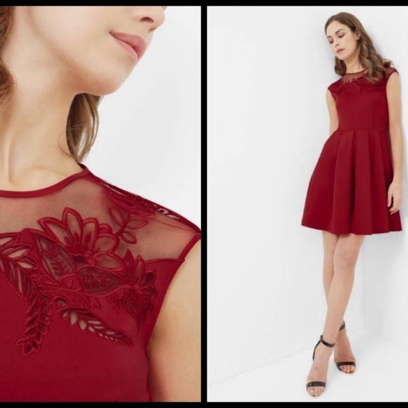 💕TED BAKER💕 Red Embroidered Mesh Cut Out Dress - Picture 3 of 8